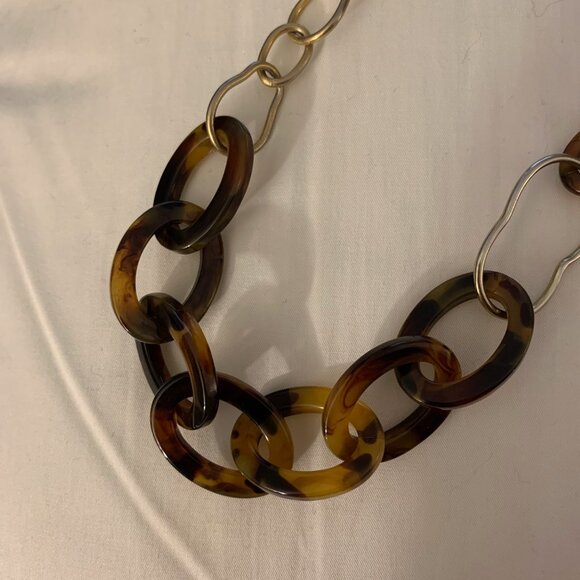 Gold Tone Faux Tortoise Shell Link Chain Long Statement Necklace - Picture 4 of 5